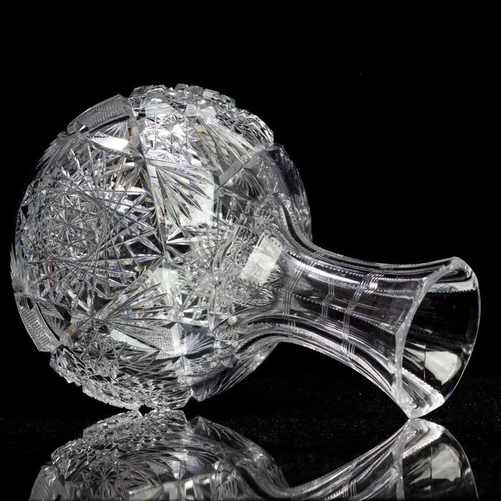 Antique Hand-Cut Crystal Vase With Intricate Starburst & Geometric Patterns